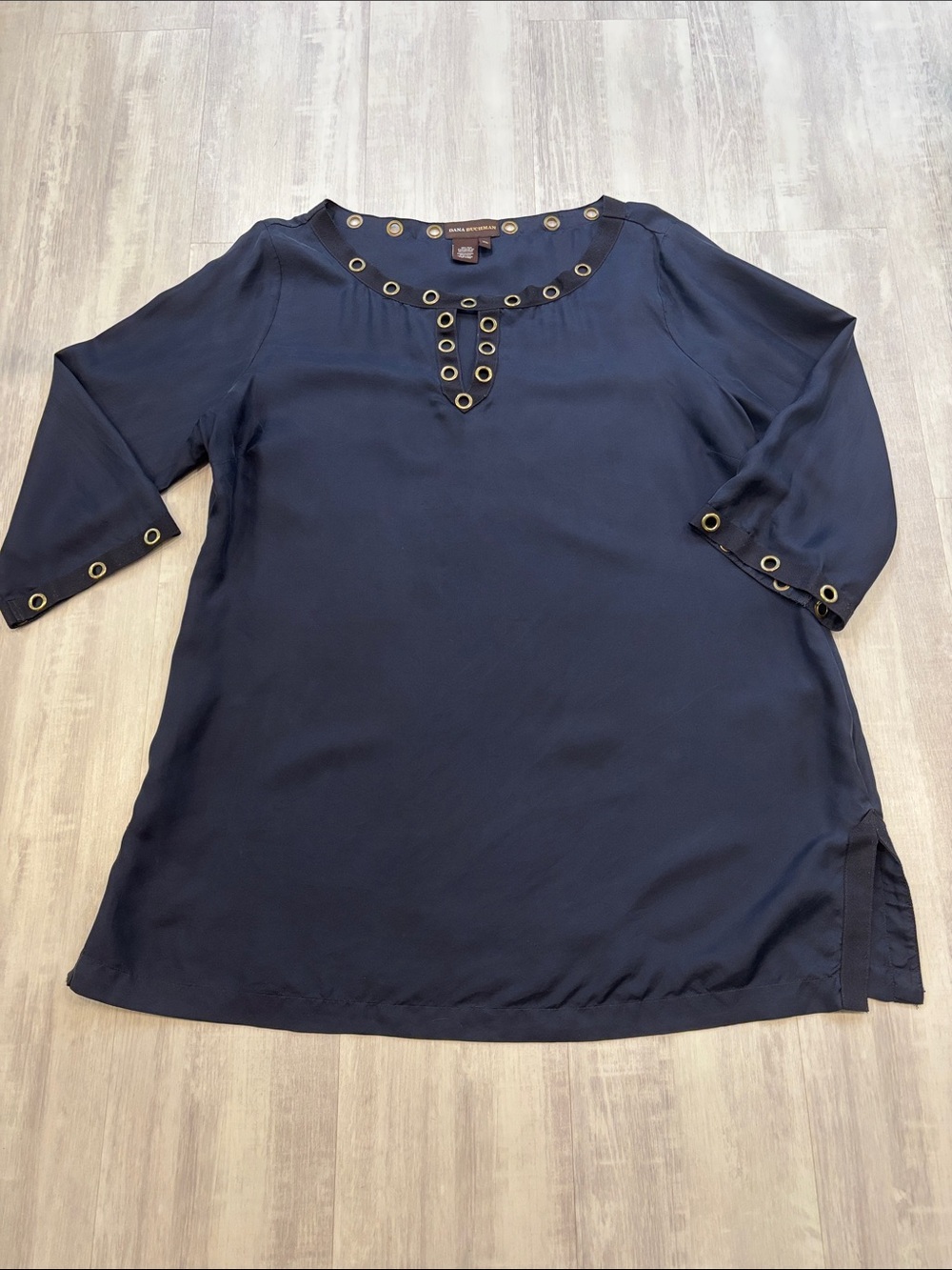 Dana Buchman Navy Tunic with Gold Grommet Detailing 100% Silk